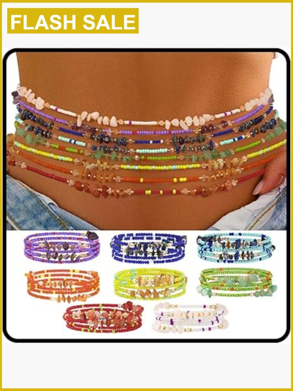 Handmade Waist Beads Stretchy 23-52 inch 8Pcs Chakra Yoga Body Belly Beaded